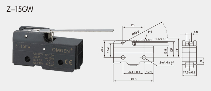 Z-15GW鼠标微动开关尺寸图