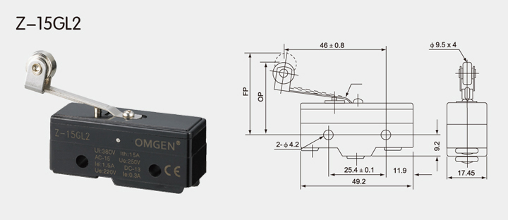Z-15GL2 微动开关行程尺寸图