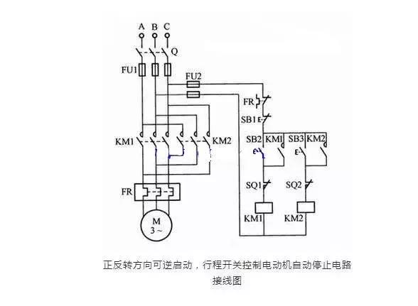 行程开关控制电动机自动停止电路接线图